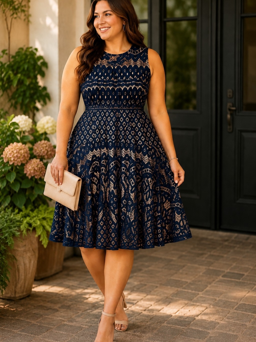Suzanne Betro 3X Navy Lace Fit Flare Cocktail Dress Wedding Guest Plus Size